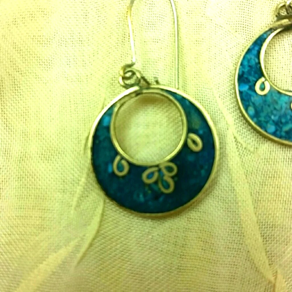 Genuine silver turquoise blue inlay hoop earrings pierced french hook clasp